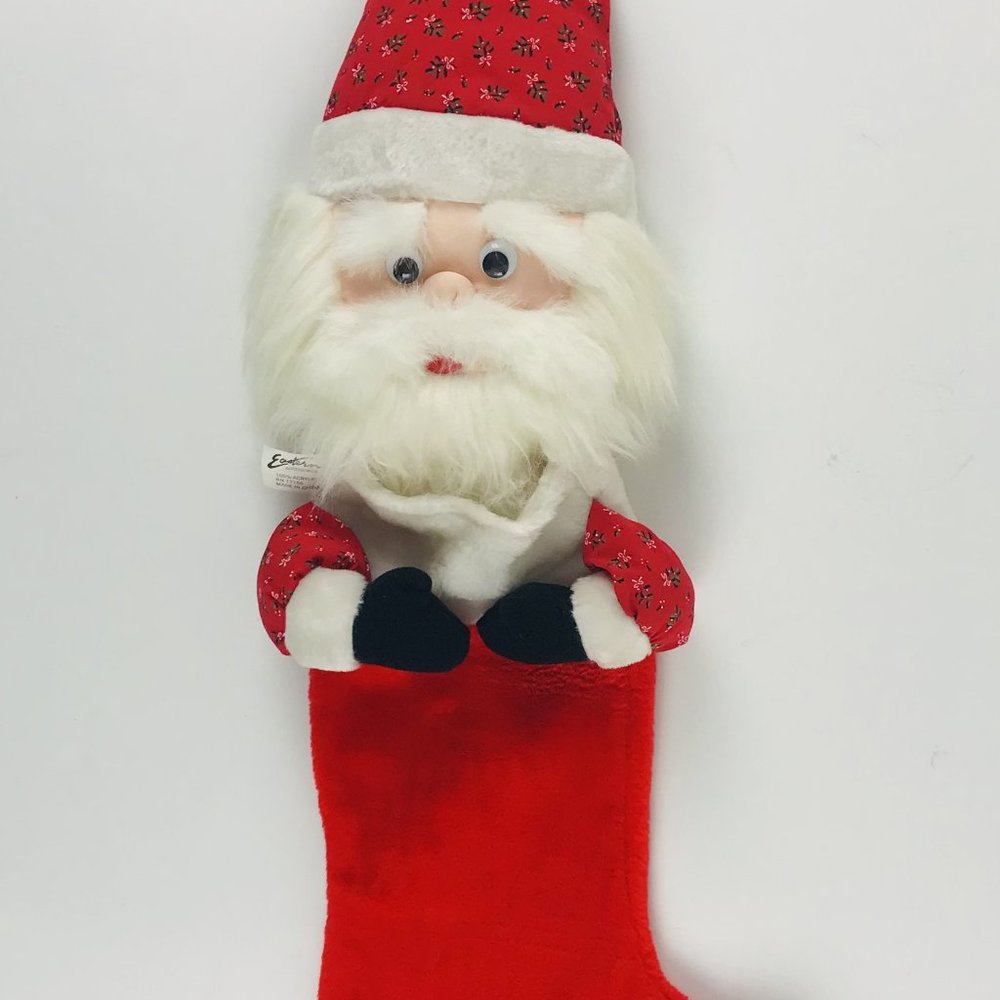Santa Claus Christmas Stocking 3D plush hanging Holiday decor 30in long Red VTG